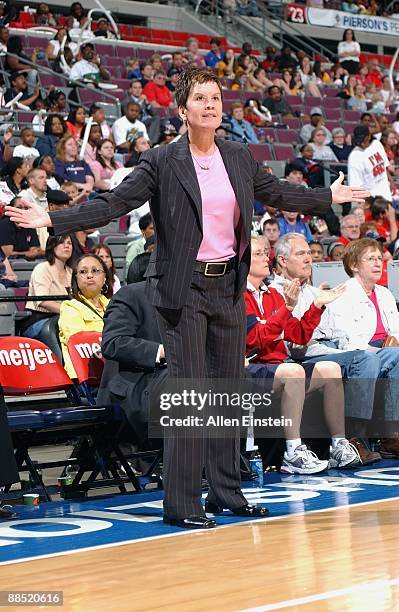 Head coach Julie Plank of the Washington Mystics paces the sideline during the game against the Detroit Shock on June 10, 2009 at The Palace of...