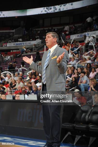 Head coach Bill Laimbeer of the Detroit Shock looks on from the sideline during the game against the Washington Mystics on June 10, 2009 at The...