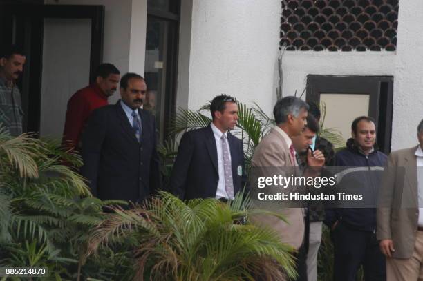 South African cricketer Nicky Boje surrounded by Delhi Police Crime branch officials at Kotwali Police Station in New Delhi on Tuesday. Boje appeared...