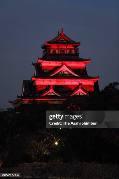 Hiroshima Castle shines during a light show casting a spell over the castle in rainbow colours in support of sexual minorities on December 3, 2017 in...