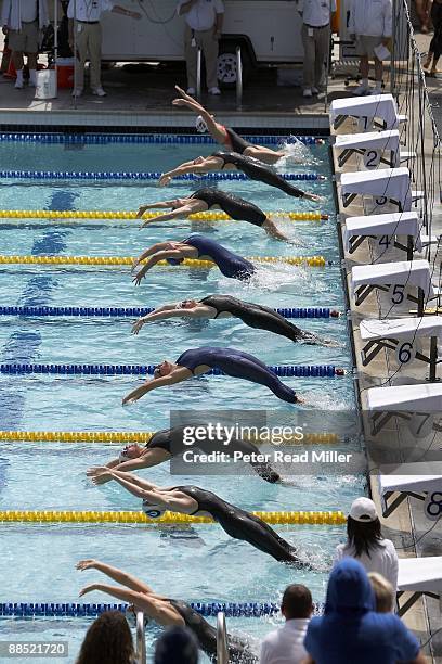 42nd Santa Clara International Grand Prix: Aerial view start from blocks of Women's 100M Backstroke Heat at George F. Haines International Swim...