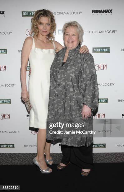 Actors Michelle Pfeiffer and Kathy Bates attend the Cinema Society & Noilly Prat screening Of "Cheri" at the Directors Guild of America Theater on...