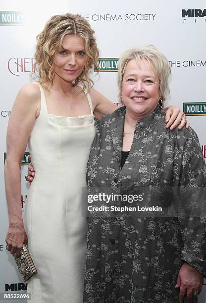 Actors Michelle Pfeiffer and Kathy Bates attend The Cinema Society and Noilly Prat screening of "Cheri" at Directors Guild of America Theater on June...