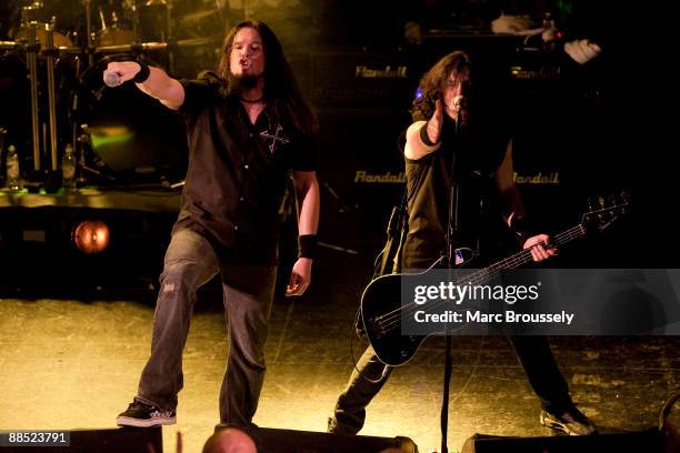 Dan Nelson and Frank Bello of Anthrax perform on stage at ULU on June 16, 2009 in London, England.
