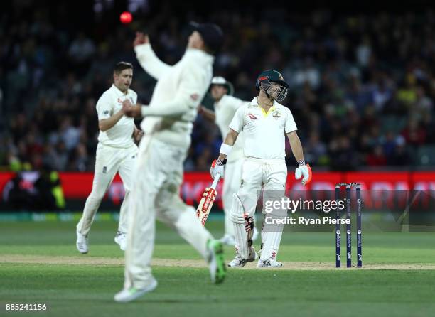 Chris Woakes of England celebrates after Joe Root of England caught David Warner of Australia during day three of the Second Test match during the...