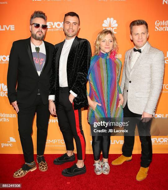 Branden Campbell, Tyler Glenn, Elaine Bradley and Chris Allen of Neon Trees attend The Trevor Project's 2017 TrevorLIVE LA Gala at The Beverly Hilton...