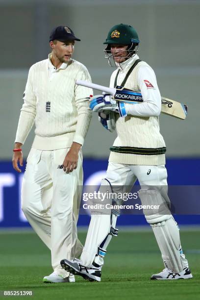 Joe Root of England talks to Peter Handscomb of Australia at the conclusion of play during day three of the Second Test match during the 2017/18...