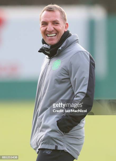 Brendan Rodgers, coach of Celtic looks on during a Celtic training session on the eve of their UEFA Champions League match against Anderlecht at...