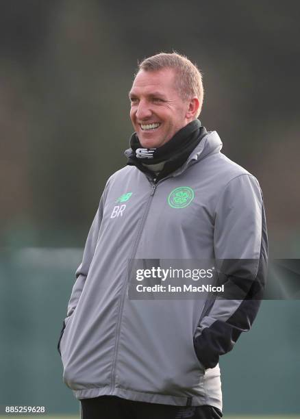 Brendan Rodgers, coach of Celtic looks on during a Celtic training session on the eve of their UEFA Champions League match against Anderlecht at...