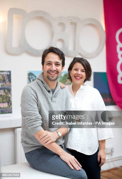 American actor and composer Lin-Manuel Miranda, creator of the hit musical Hamilton, and his wife Vanessa Nadal visit the headquarters of the show's...