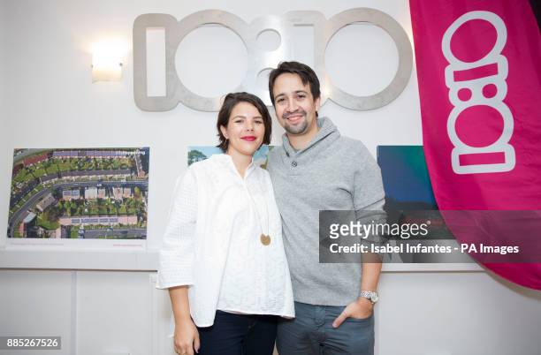 American actor and composer Lin-Manuel Miranda, creator of the hit musical Hamilton, and his wife Vanessa Nadal visit the headquarters of the show's...