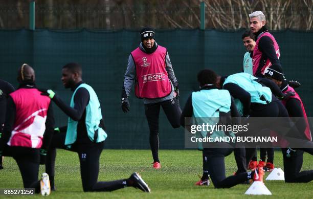 Celtic's English midfielder Scott Sinclair attends a training session with teammates at the Celtic Training Centre in Lennoxtown, Scotland on...