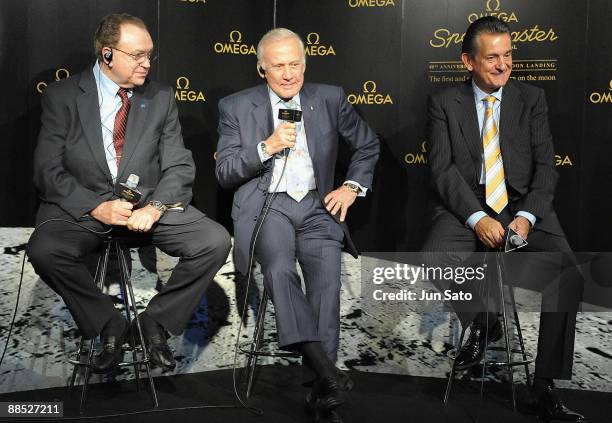 Omega president Stephen Urquhart, Apollo 11 astronaut Buzz Aldrin and NASA Project Engineer Jim Ragan attend "Omega Celebrates 40th Anniversary Of...