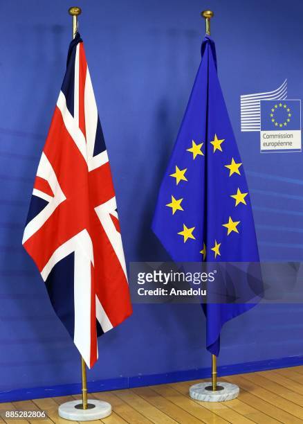 European Union flag and a British flag are seen on December 4, 2017 at the European Commission in Brussels, Belgium. European Union chief...