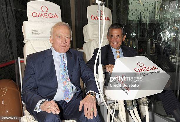 Omega president Stephen Urquhart and Apollo 11 astronaut Buzz Aldrin attend "Omega Celebrates 40th Anniversary Of Moon Landing" press conference at...