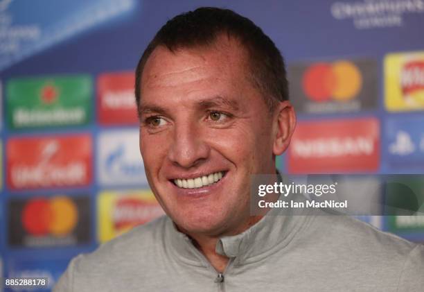 Brendan Rodgers, coach of Celtic looks on during a Celtic press conference on the eve of their UEFA Champions League match against Anderlecht at...