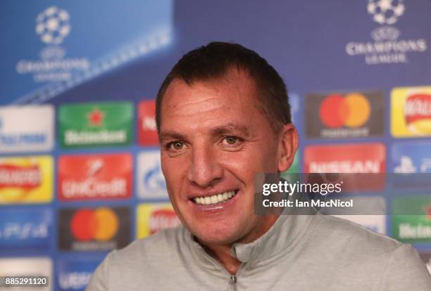 Brendan Rodgers, coach of Celtic looks on during a Celtic press conference on the eve of their UEFA Champions League match against Anderlecht at...