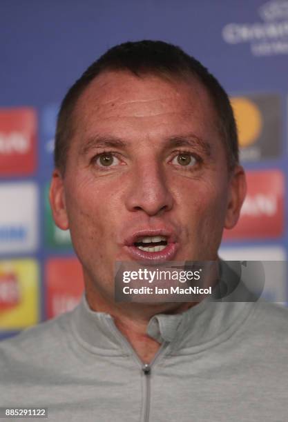 Brendan Rodgers, coach of Celtic looks on during a Celtic press conference on the eve of their UEFA Champions League match against Anderlecht at...