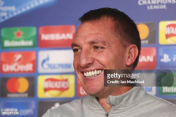 Brendan Rodgers, coach of Celtic looks on during a Celtic press conference on the eve of their UEFA Champions League match against Anderlecht at...