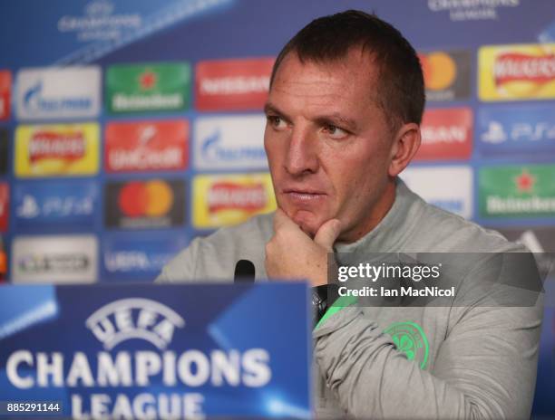 Brendan Rodgers, coach of Celtic looks on during a Celtic press conference on the eve of their UEFA Champions League match against Anderlecht at...