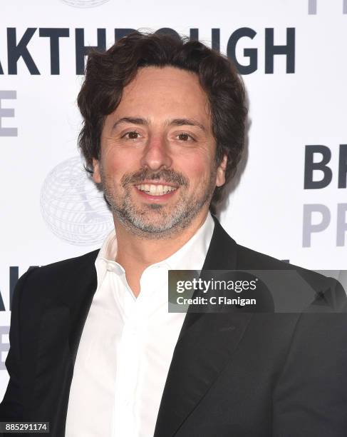 Co-founder of Google and Alphabet president, Sergey Brin poses for photos after award ceremony at the 2018 Breakthrough Prize at NASA Ames Research...