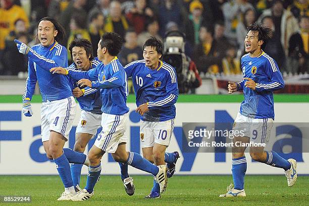 Marcus Tulio Tanaka of Japan celebrates his goal during the 2010 FIFA World Cup Asian qualifying match between the Australian Socceroos and Japan at...