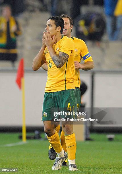 Tim Cahill of Australia celebrates his goal during the 2010 FIFA World Cup Asian qualifying match between the Australian Socceroos and Japan at the...