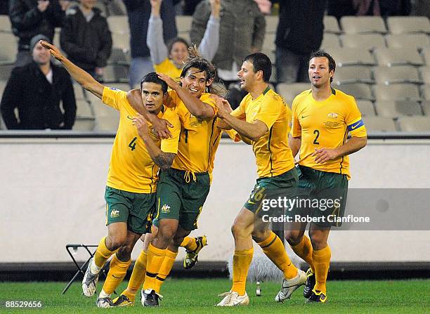 Tim Cahill of Australia celebrates his goal during the 2010 FIFA World Cup Asian qualifying match between the Australian Socceroos and Japan at the...