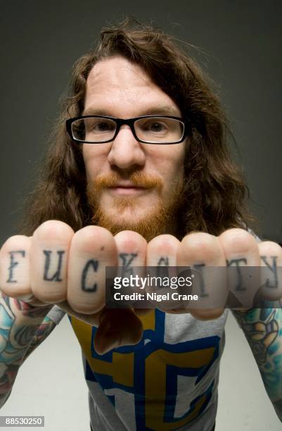 Posed portrait of Andy Hurley, drummer of the band Fall Out Boy in Los Angeles, CA on August 10 2008.