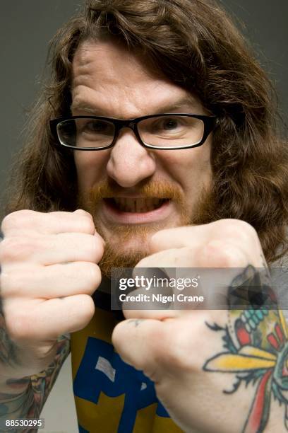 Posed portrait of Andy Hurley, drummer of the band Fall Out Boy in Los Angeles, CA on August 10 2008.