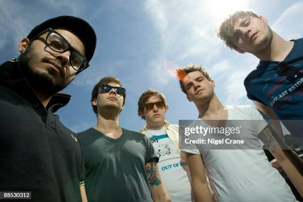 Posed group portrait of Welsh band Kids in Glass Houses. Left to right are Iain Mahanty, Joel Fisher, Philip Jenkins, Andrew Shay and Aled Phillips...