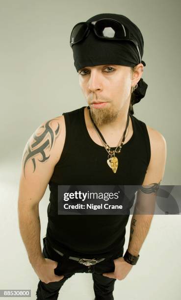 Posed studio portrait of Jukka Nevalainen, drummer with Finnish metal band Nightwish in London, England on March 25 2008.