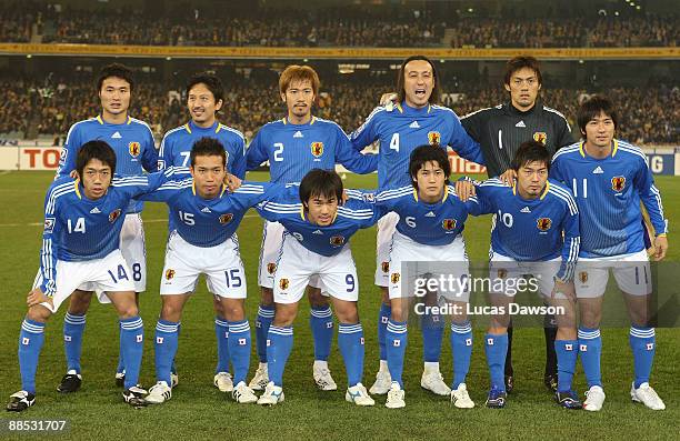 Japan players line up before the game during the 2010 FIFA World Cup Asian qualifying match between the Australian Socceroos and Japan at the...