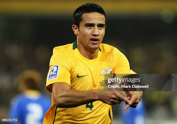 Tim Cahill of the Socceroos celebrates his first goal during the 2010 FIFA World Cup Asian qualifying match between the Australian Socceroos and...