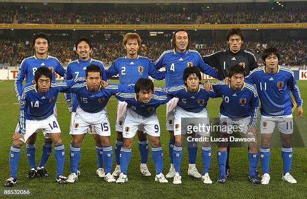 Japan players line up before the game during the 2010 FIFA World Cup Asian qualifying match between the Australian Socceroos and Japan at the...