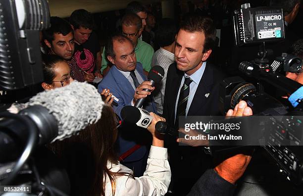 Mayor of the city of Rio de Janeiro Eduardo speaks to the press after they presented their bid to the IOC on June 17, 2009 at the Olympic Museum in...