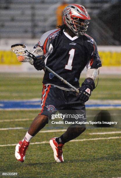 John Christmas of the Boston Cannons controls the ball during a Major League Lacrosse game against the Long Island Lizards at Shuart Stadium on June...