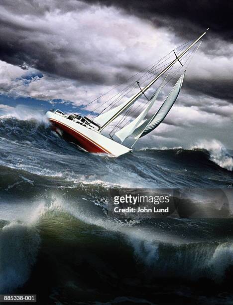 sailing-boat on stormy sea (digital composite) - sailing storm stock pictures, royalty-free photos & images