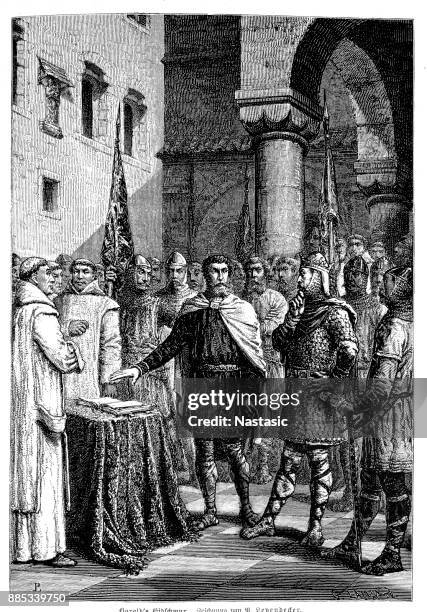 king harold ii (c.1022  1066), aka harold godwinson, swears an oath on a holy relic, pledging his allegiance to william of normandy (later william the conqueror), france, 1064 - circa 11th century stock illustrations