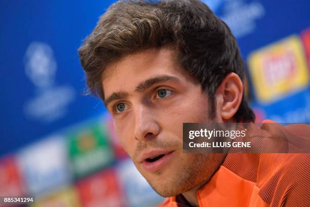 Barcelona's Spanish midfielder Sergi Roberto gives a press conference at the Sports Center FC Barcelona Joan Gamper in Sant Joan Despi on December 4...