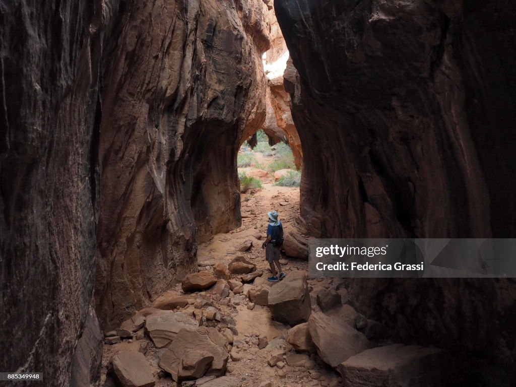 Senior Man Walking In A Sandstone Canyon, Gold Butte National Monument