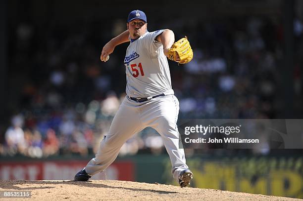 Jonathan Broxton of the Los Angeles Dodgers pitches during the game against the Texas Rangers at Rangers Ballpark in Arlington in Arlington, Texas on...