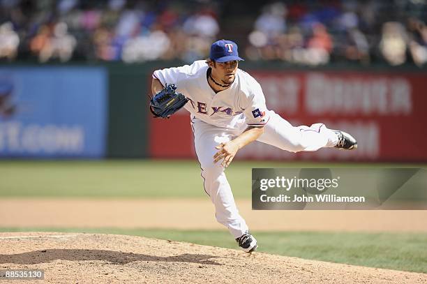 Wilson of the Texas Rangers pitches during the game against the Los Angeles Dodgers at Rangers Ballpark in Arlington in Arlington, Texas on Sunday,...