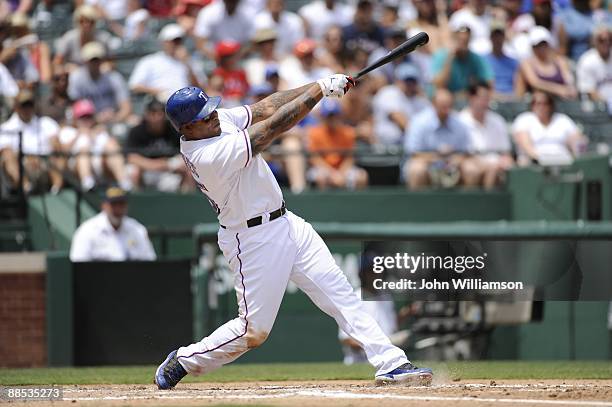 Andruw Jones of the Texas Rangers bats during the game against the Los Angeles Dodgers at Rangers Ballpark in Arlington in Arlington, Texas on...