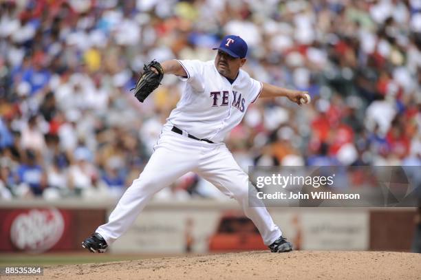 Eddie Guardado of the Texas Rangers pitches during the game against the Los Angeles Dodgers at Rangers Ballpark in Arlington in Arlington, Texas on...