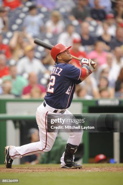 Aberto Gonzalez of the Washington Nationals during a baseball game against the Cincinnati Reds on June 11, 2009 at Nationals Park in Washington D.C.