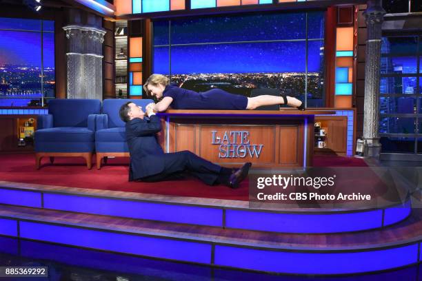 The Late Show with Stephen Colbert and guest Kate Winslet during Thursday's December 1, 2017 show.