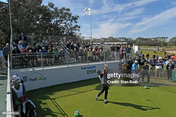 Brian Gay plays a tee shot on the first hole during the final round of The RSM Classic at the Sea Island Resort Seaside Course on November 19, 2017...