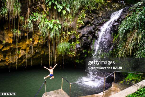 a kid jumping at the annandales falls, grenada, west indies - waterfall jump stock pictures, royalty-free photos & images