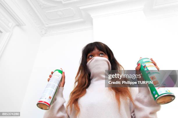 france, young woman at home with spray. - house of ogan stock pictures, royalty-free photos & images